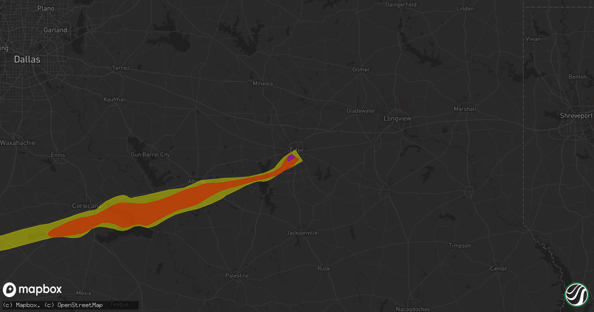 Hail map in Tyler, TX on February 10, 2024