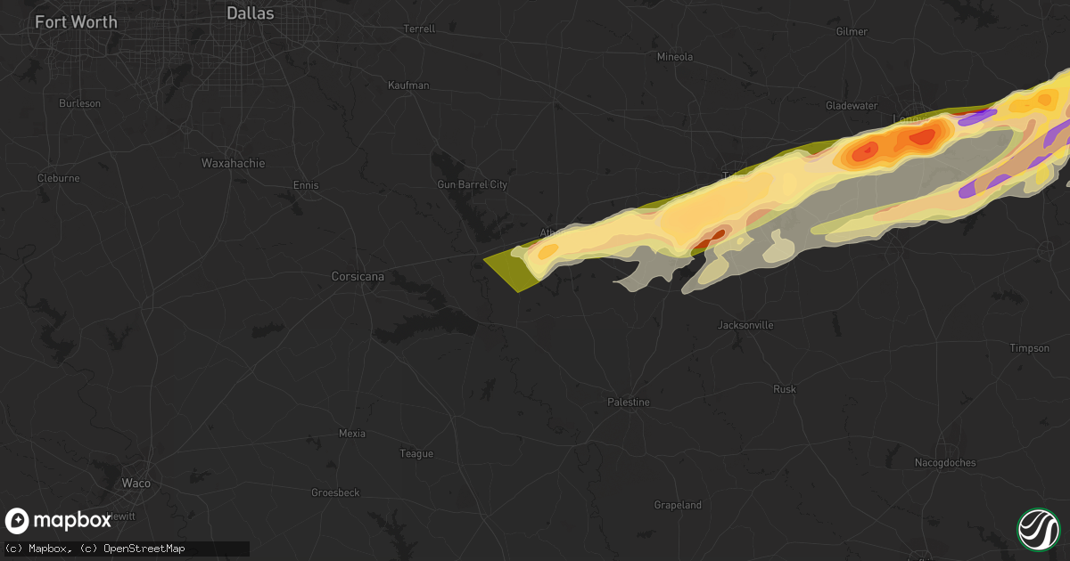 Hail map in Athens, TX on February 11, 2024
