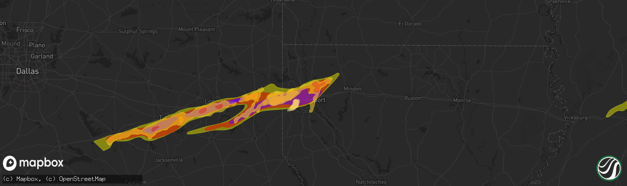 Hail map in Bossier City, LA on February 11, 2024