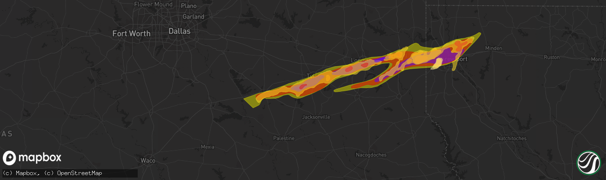 Hail map in Flint, TX on February 11, 2024