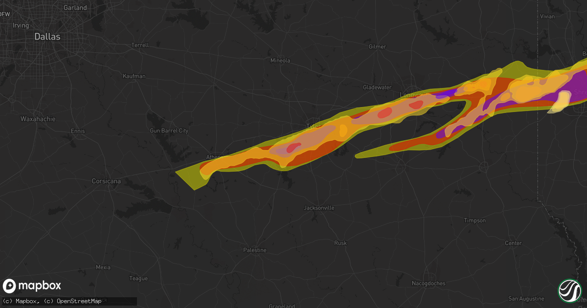 Hail map in Flint, TX on February 11, 2024