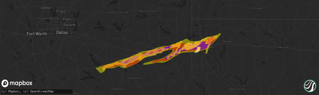 Hail map in Longview, TX on February 11, 2024