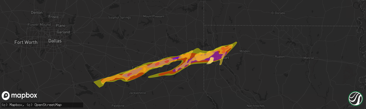 Hail map in Marshall, TX on February 11, 2024