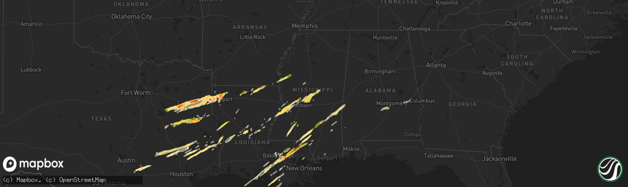 Hail map in Mississippi on February 11, 2024
