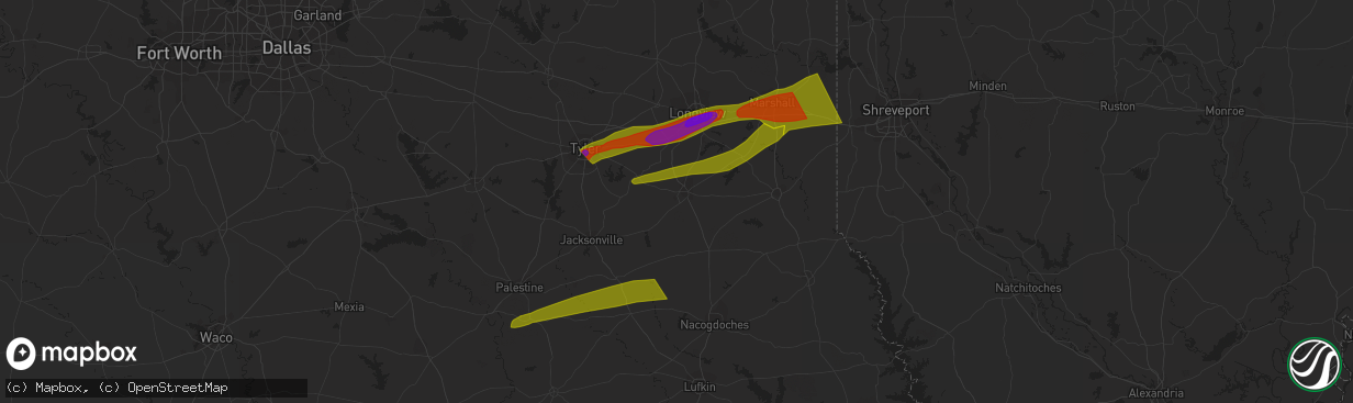 Hail map in Overton, TX on February 11, 2024