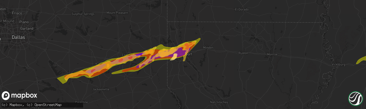 Hail map in Shreveport, LA on February 11, 2024