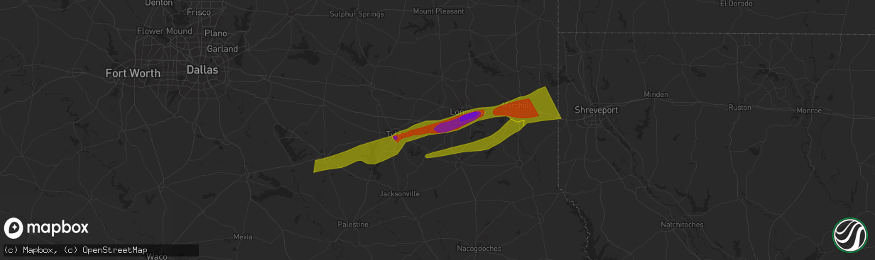 Hail map in Tatum, TX on February 11, 2024