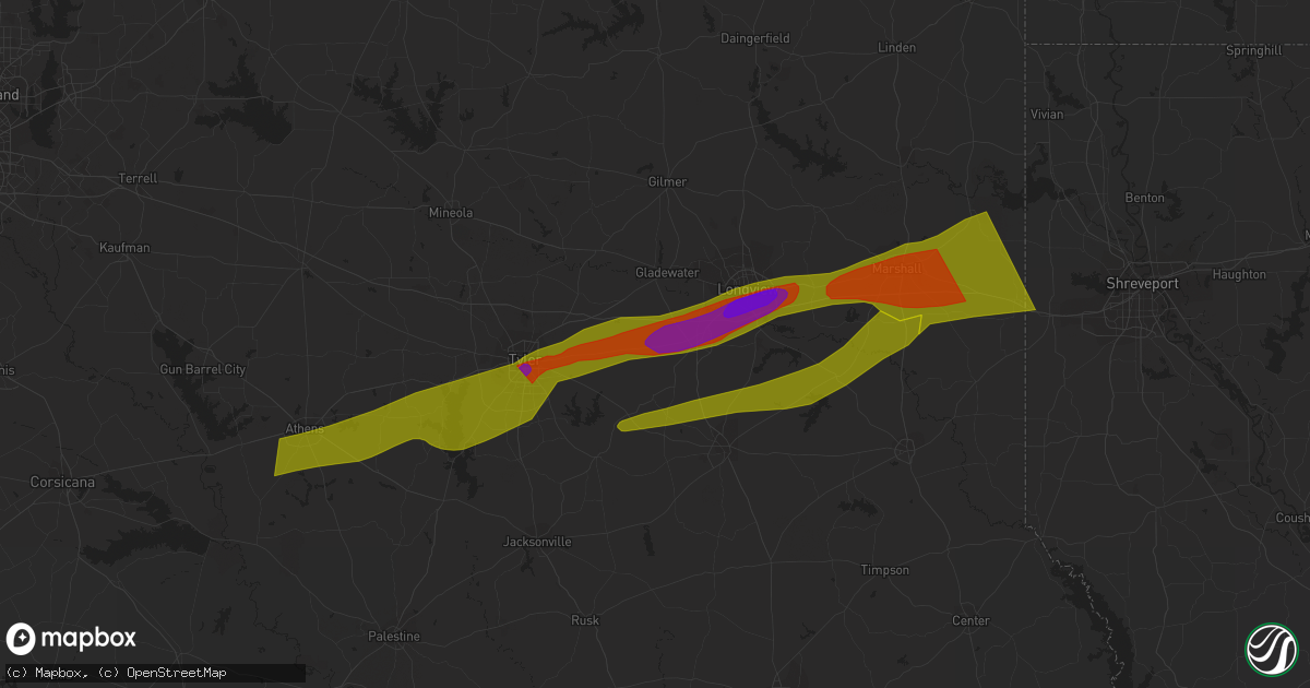 Hail map in Tatum, TX on February 11, 2024