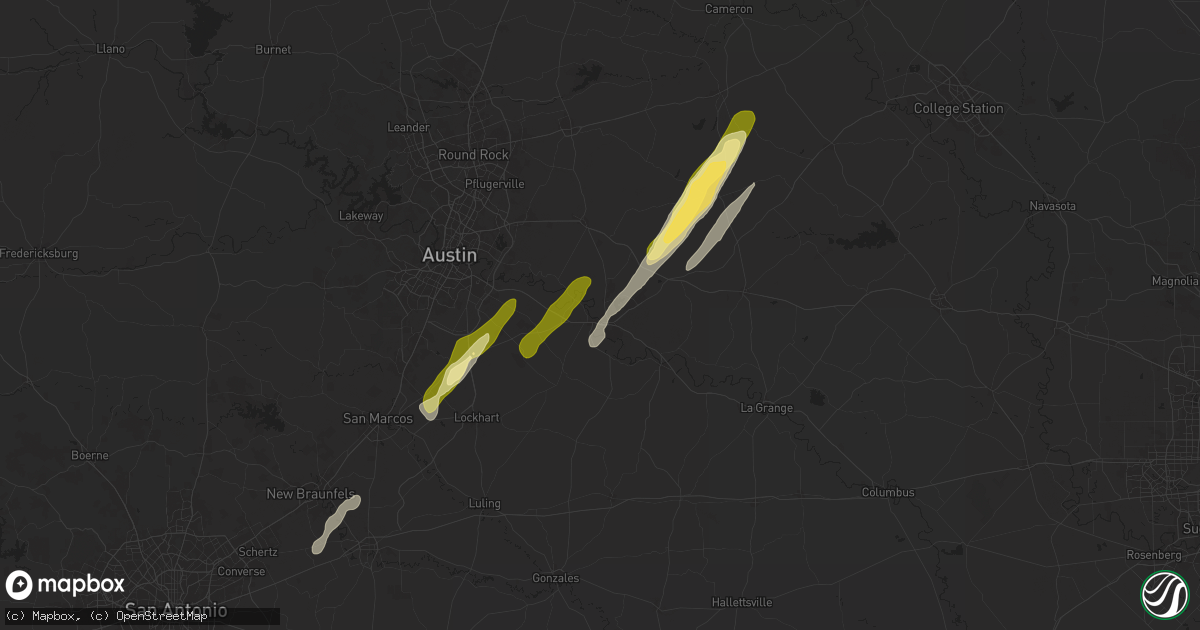 Hail map in Bastrop, TX on February 11, 2025