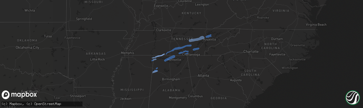 Hail map in Tennessee on February 12, 2020