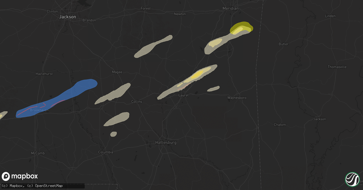 Hail map in Laurel, MS on February 12, 2025