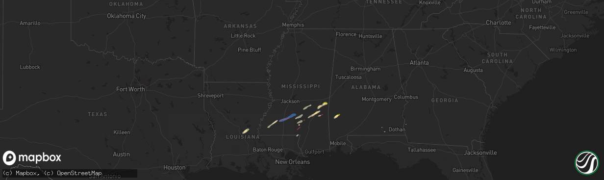 Hail map in Mississippi on February 12, 2025