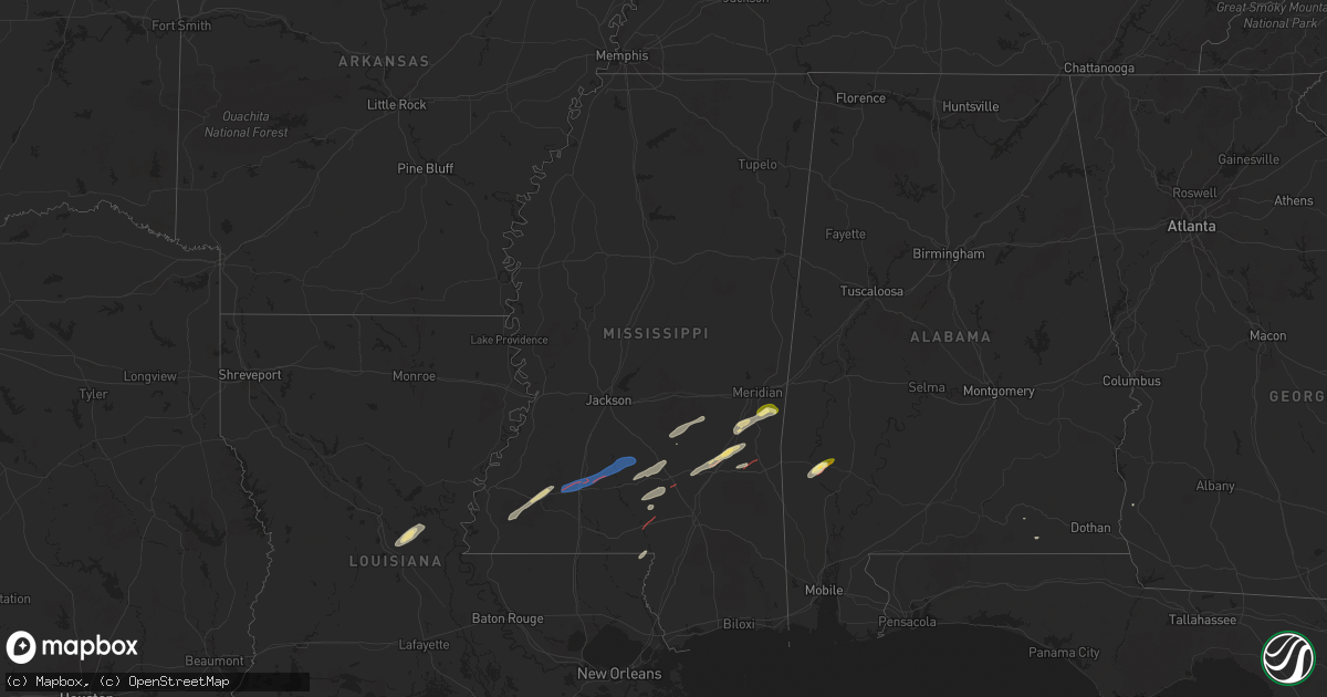 Hail map in Mississippi on February 12, 2025