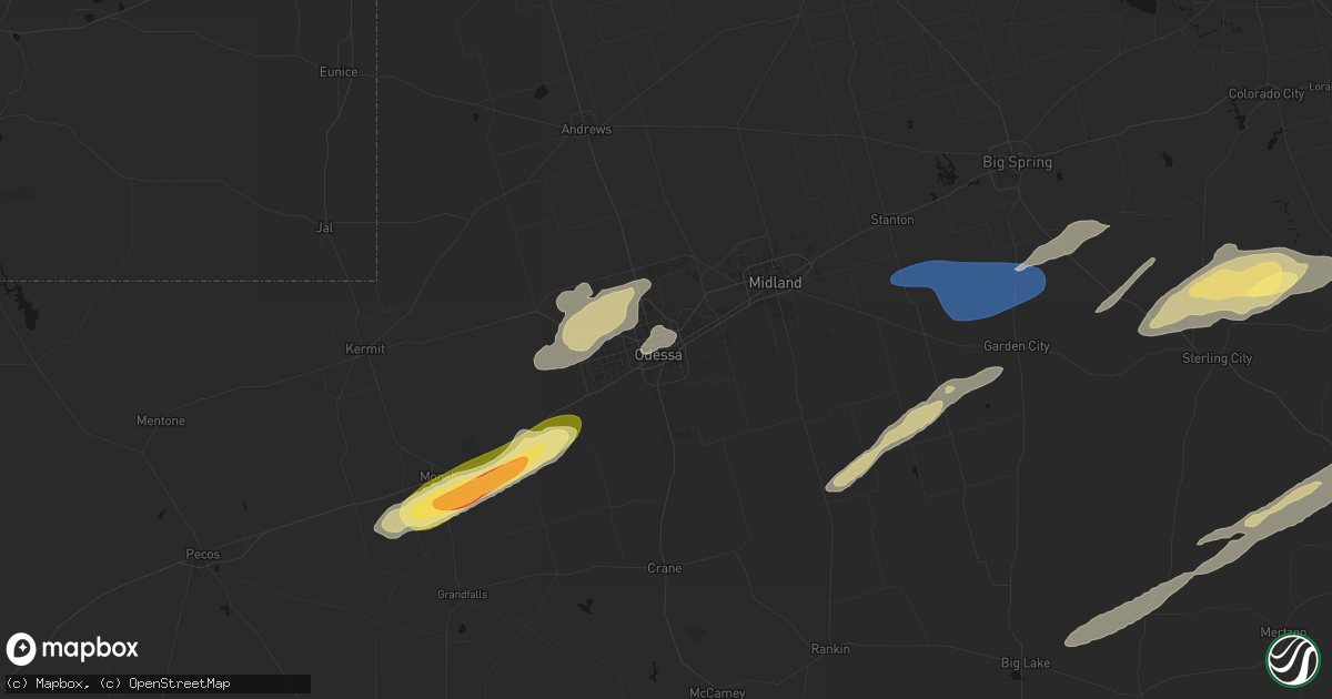 Hail map in Odessa, TX on February 13, 2026