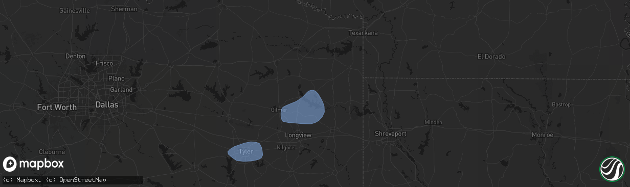 Hail map in Avinger, TX on February 14, 2026