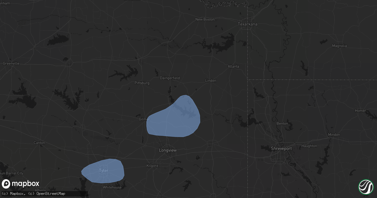 Hail map in Avinger, TX on February 14, 2026