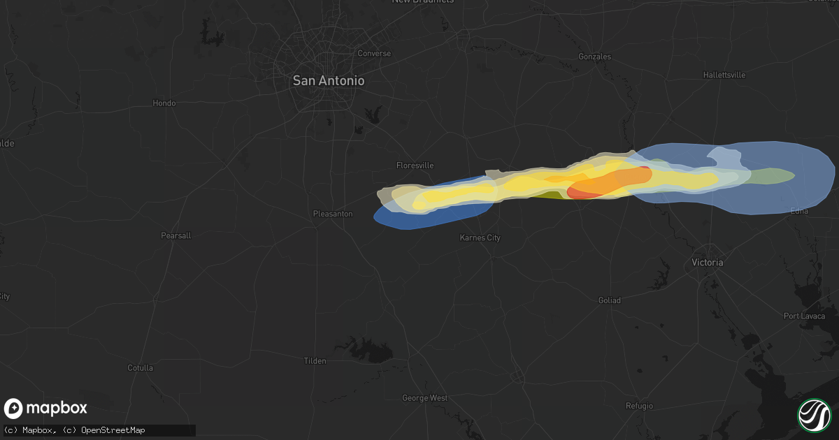 Hail map in Falls City, TX on February 14, 2026