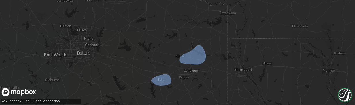 Hail map in Gilmer, TX on February 14, 2026