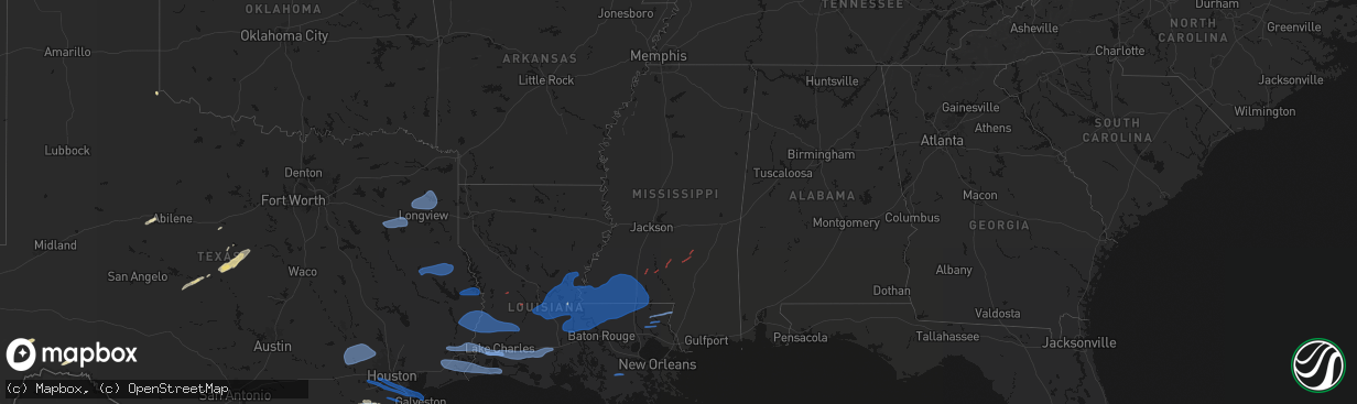 Hail map in Mississippi on February 14, 2026