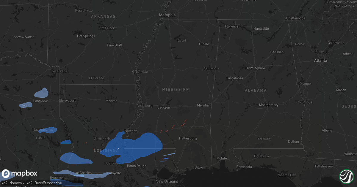 Hail map in Mississippi on February 14, 2026