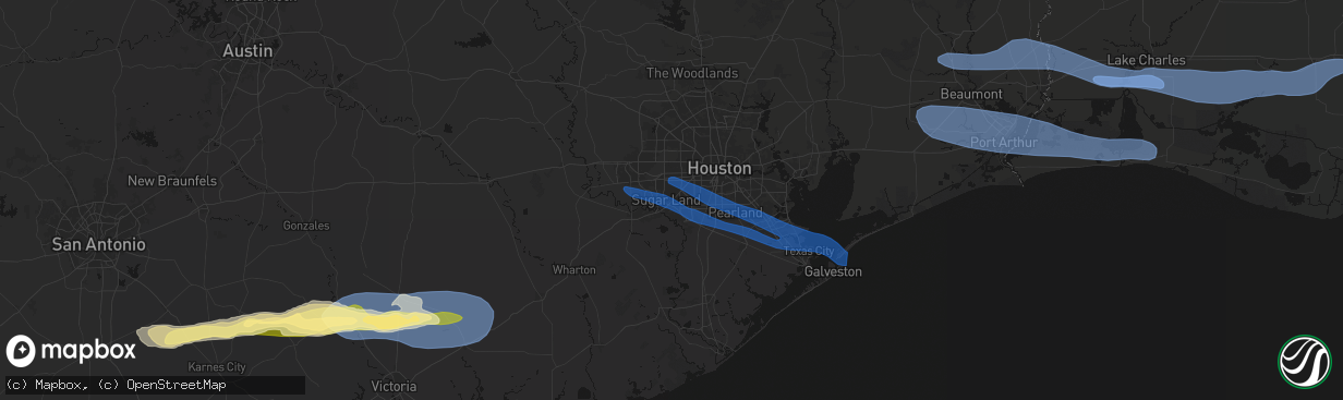 Hail map in Sugar Land, TX on February 14, 2026