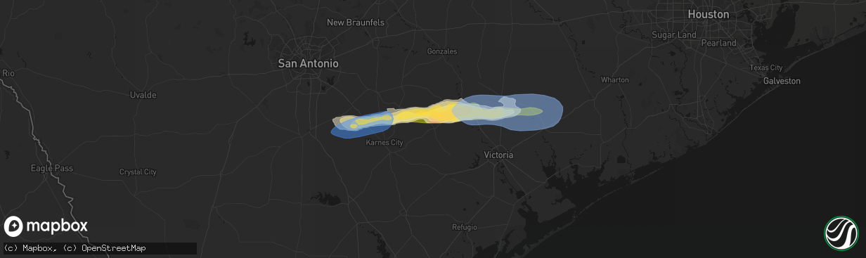 Hail map in Yorktown, TX on February 14, 2026