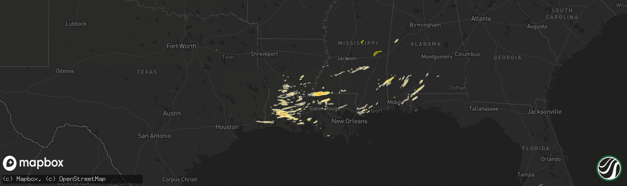 Hail map in Louisiana on February 15, 2016