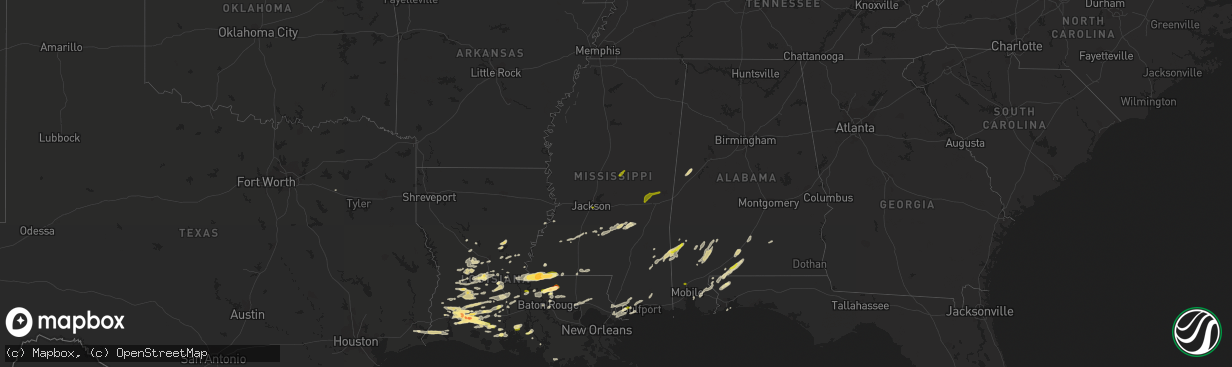 Hail map in Mississippi on February 15, 2016