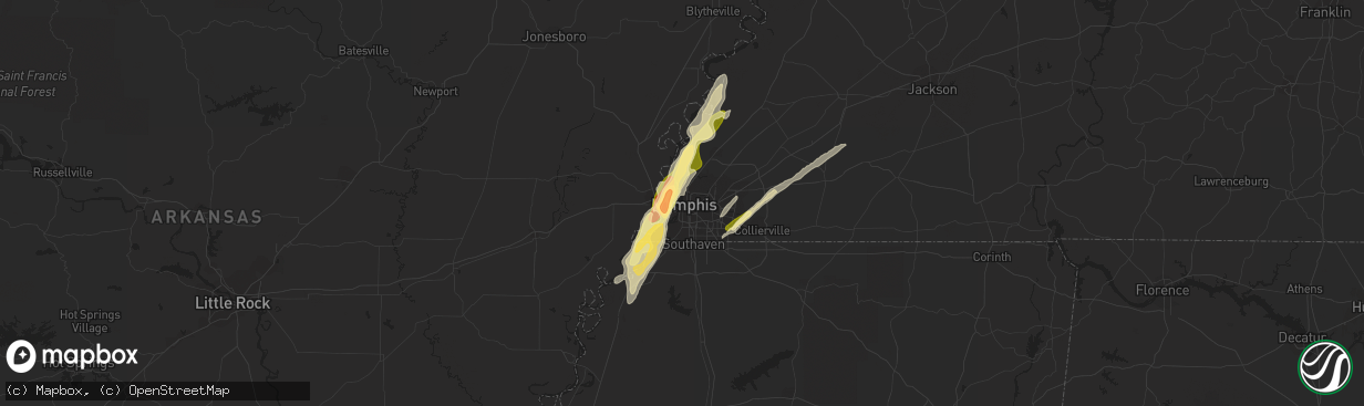 Hail map in Memphis, TN on February 15, 2023
