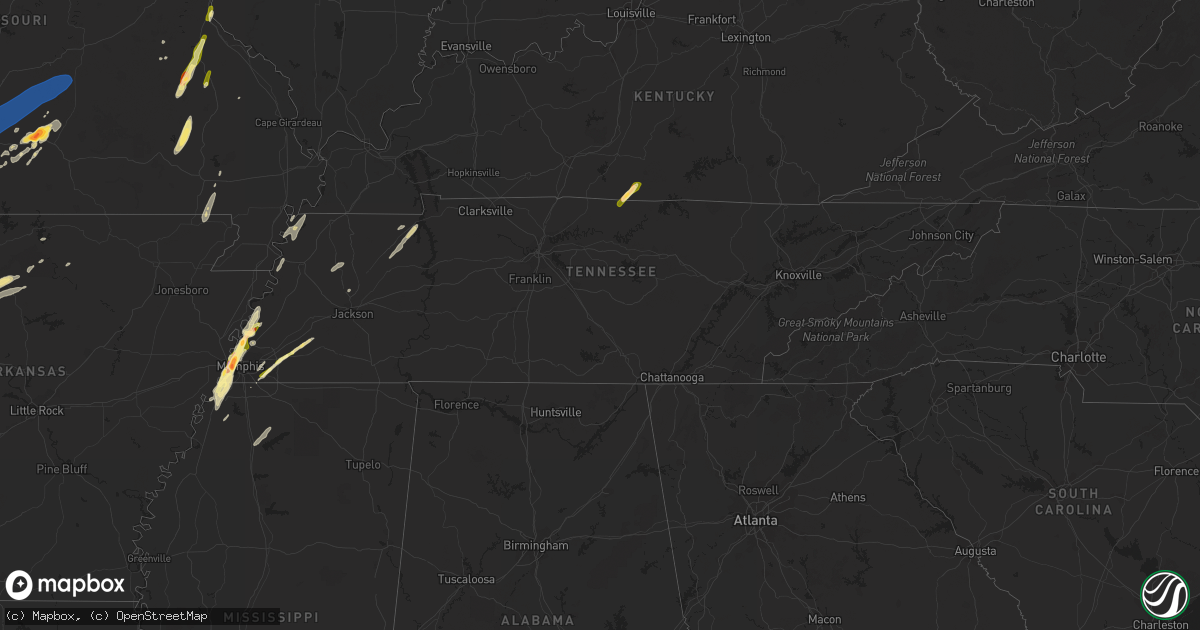 Hail map in Tennessee on February 15, 2023