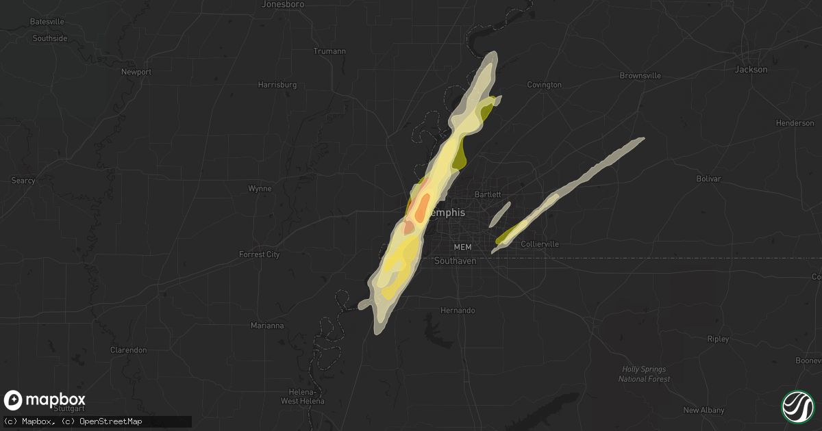 Hail map in West Memphis, AR on February 15, 2023