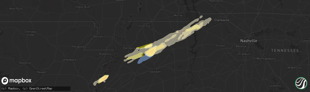 Hail map in Bradford, TN on February 15, 2025