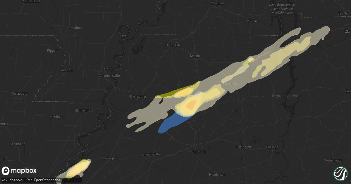 Hail map in Dyer, TN on February 15, 2025