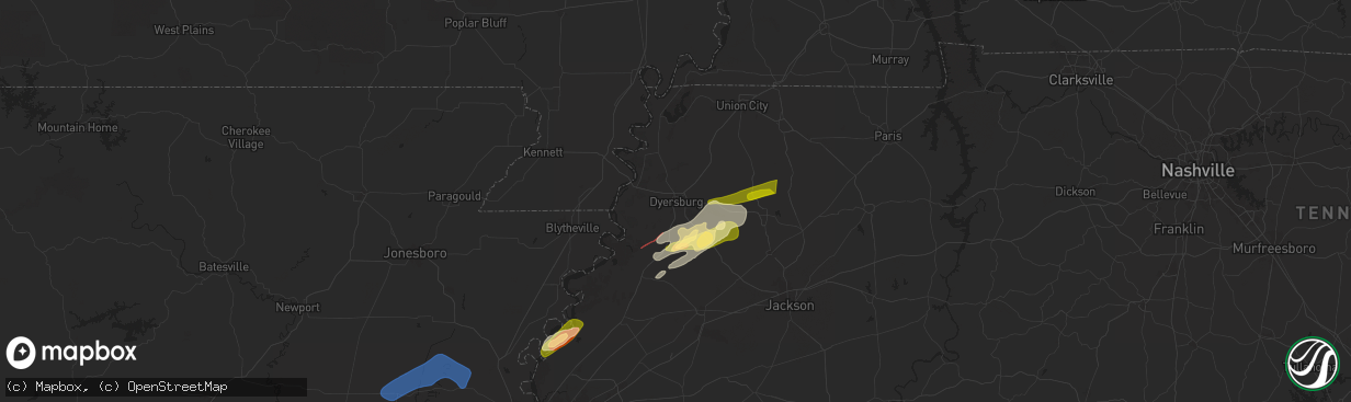 Hail map in Dyersburg, TN on February 15, 2025