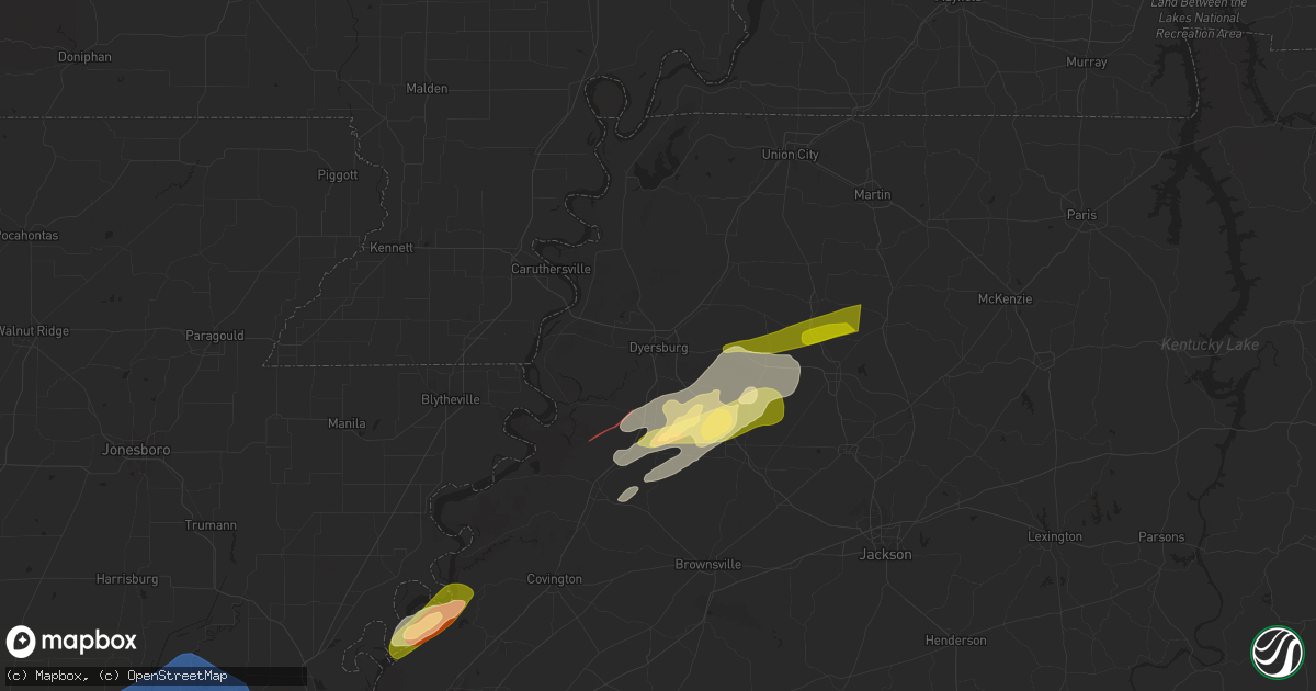 Hail map in Dyersburg, TN on February 15, 2025
