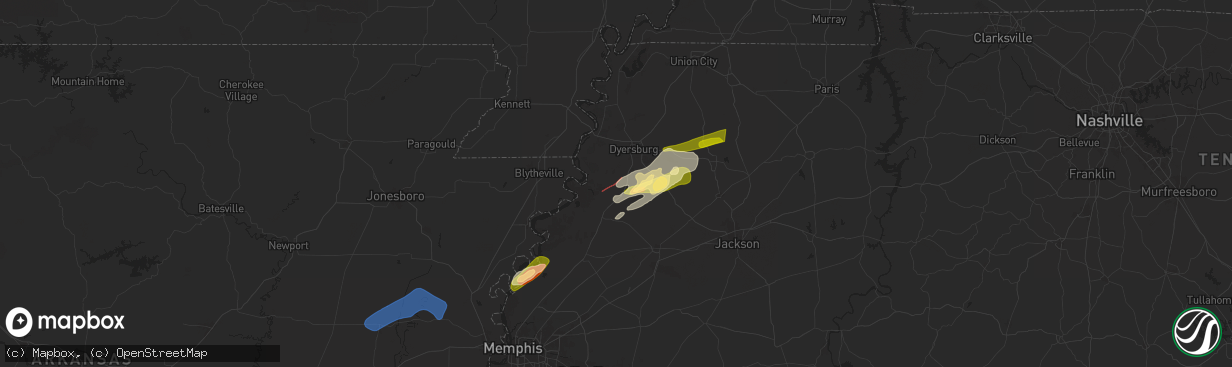 Hail map in Halls, TN on February 15, 2025