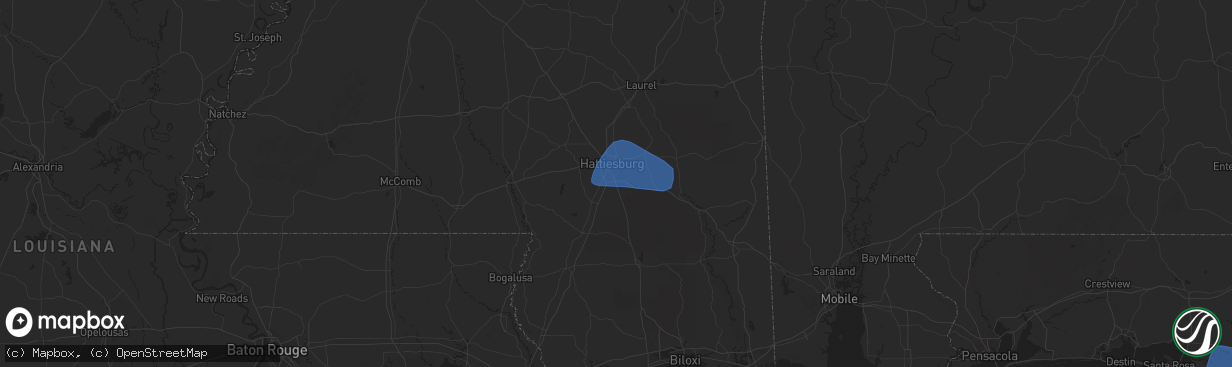 Hail map in Hattiesburg, MS on February 15, 2025