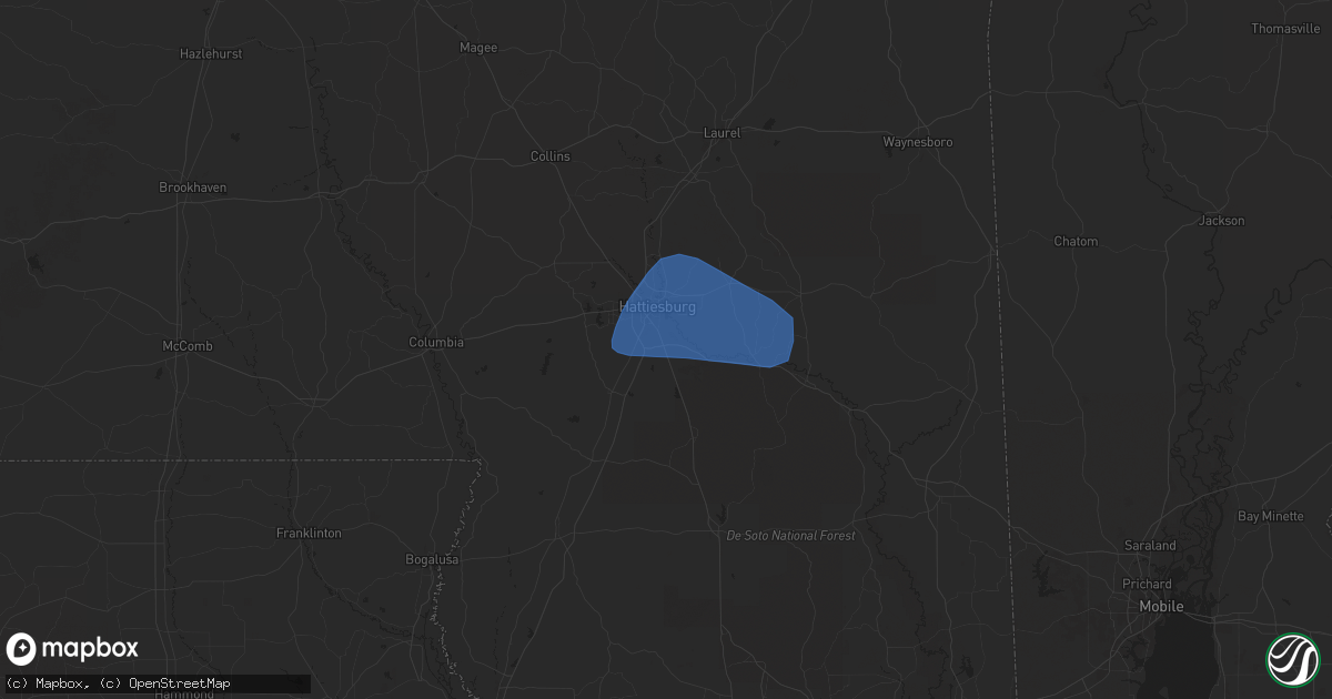 Hail map in Hattiesburg, MS on February 15, 2025