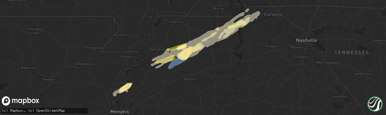 Hail map in Milan, TN on February 15, 2025