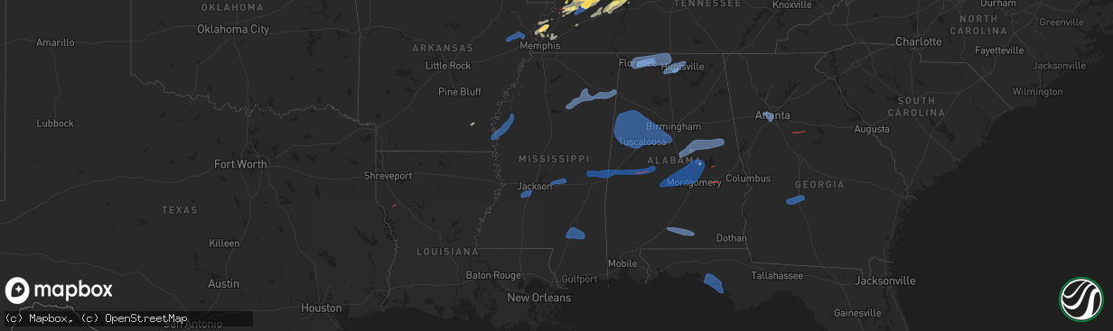 Hail map in Mississippi on February 15, 2025