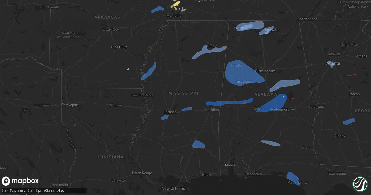 Hail map in Mississippi on February 15, 2025