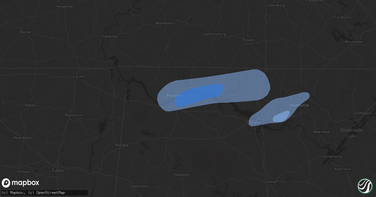 Hail map in Muscle Shoals, AL on February 15, 2025