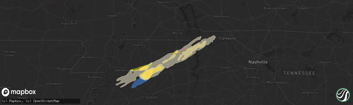 Hail map in Paris, TN on February 15, 2025