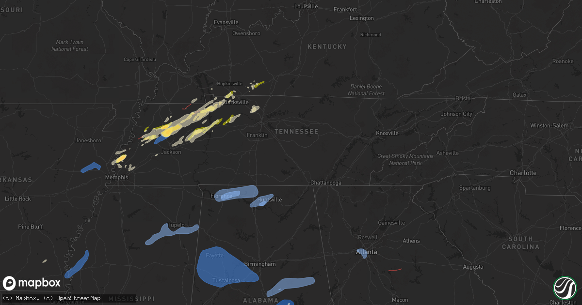 Hail map in Tennessee on February 15, 2025