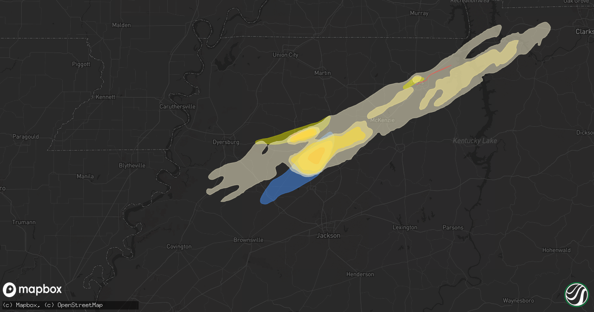 Hail map in Trenton, TN on February 15, 2025