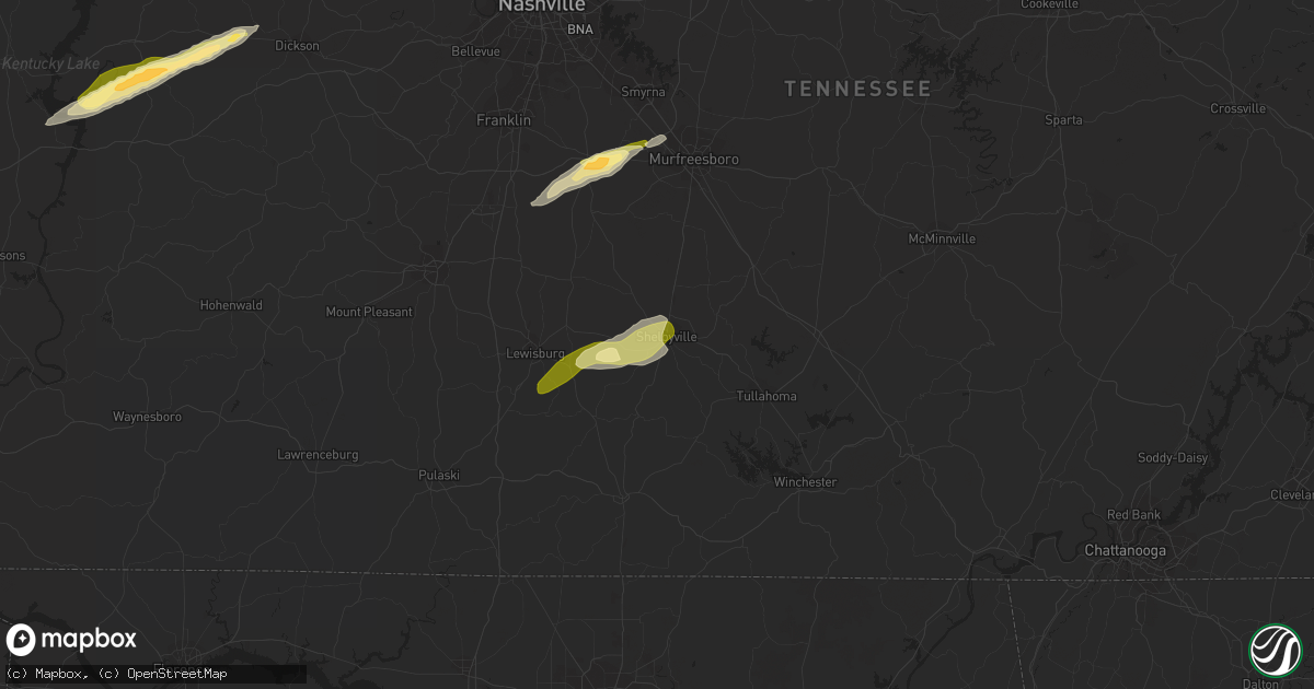 Hail map in Shelbyville, TN on February 16, 2023