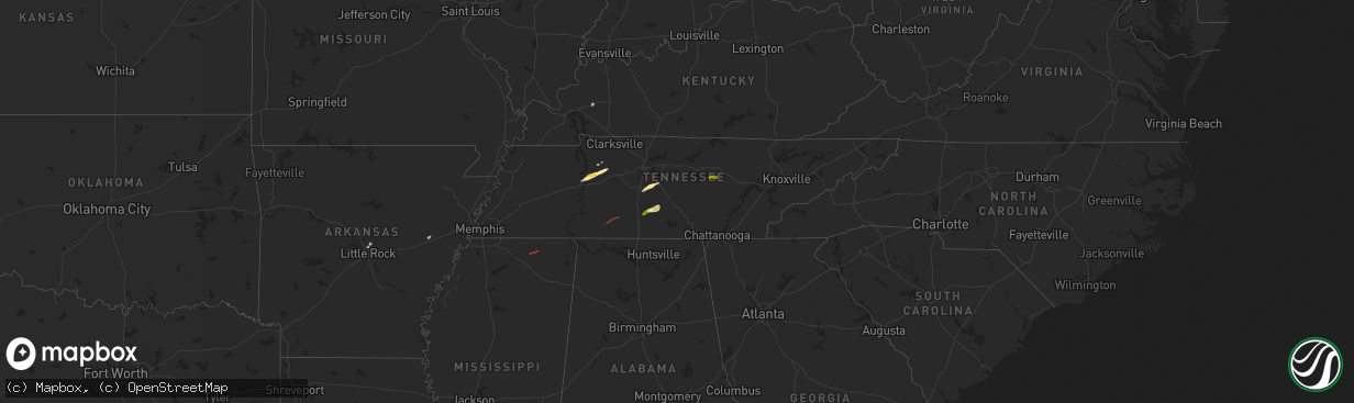 Hail map in Tennessee on February 16, 2023