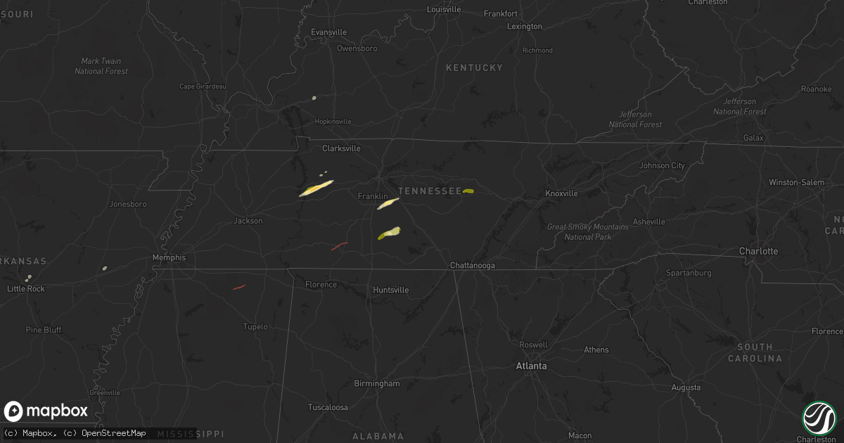 Hail map in Tennessee on February 16, 2023