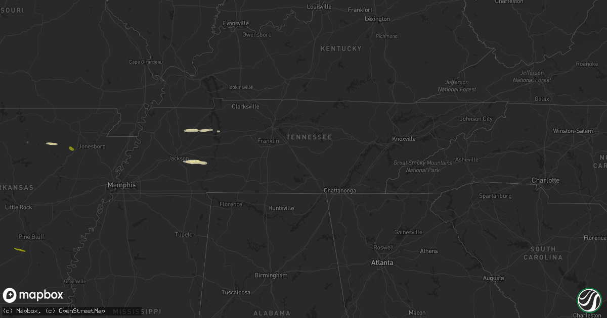 Hail map in Tennessee on February 16, 2024