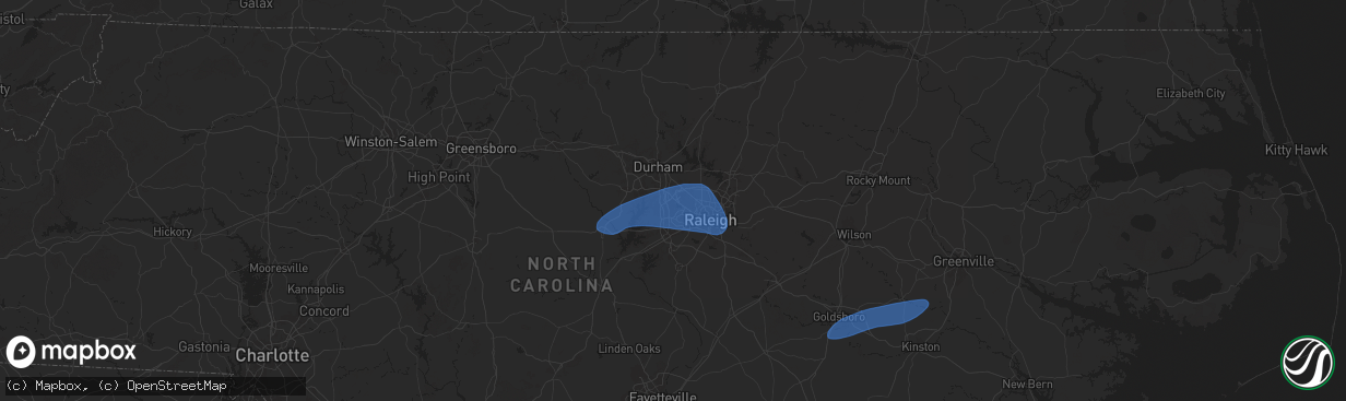 Hail map in Morrisville, NC on February 16, 2025